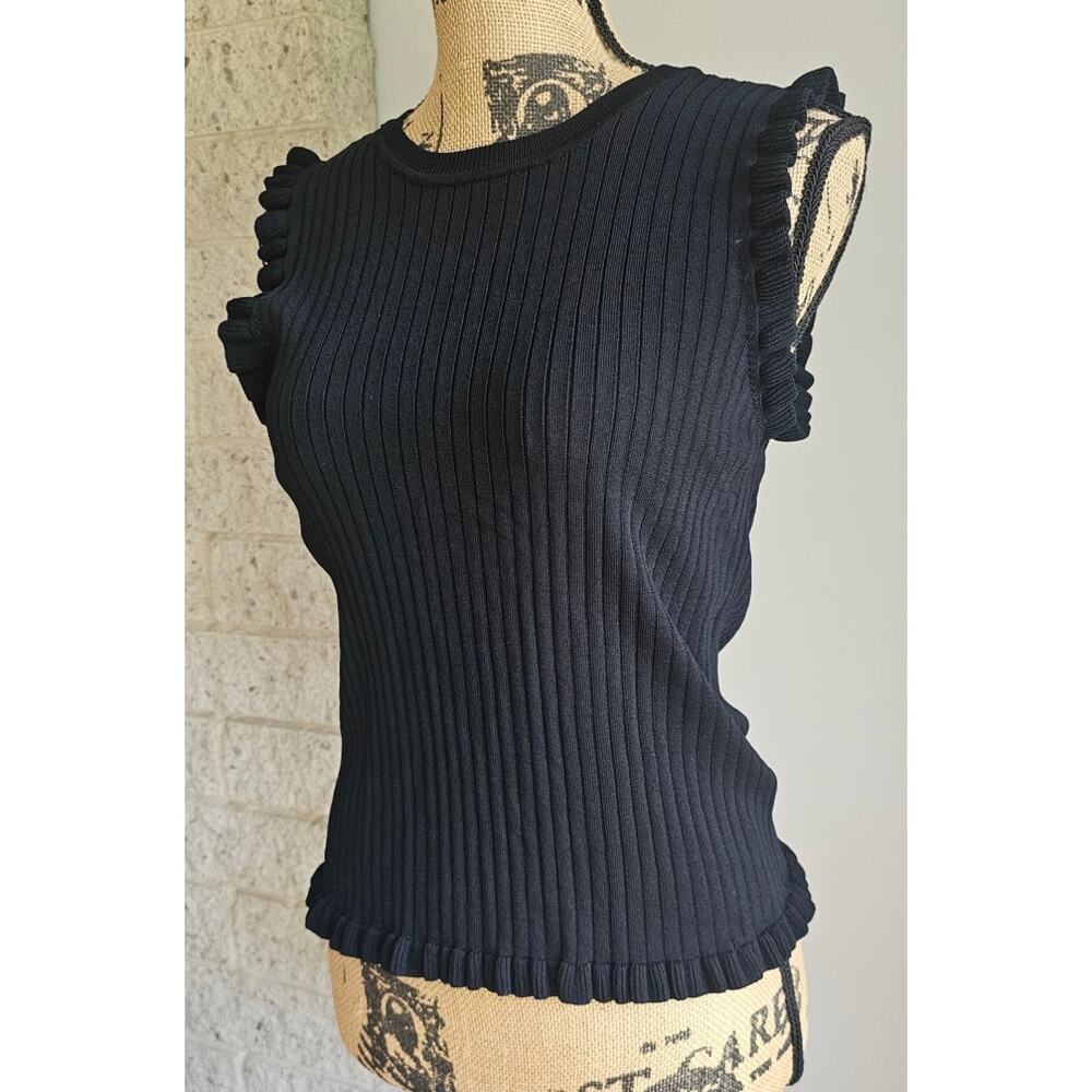 Laundry by Shelli Segal Black Ribbed Sleeveless Knit Top, Ruffled Bottom, Sz M - Picture 3 of 7